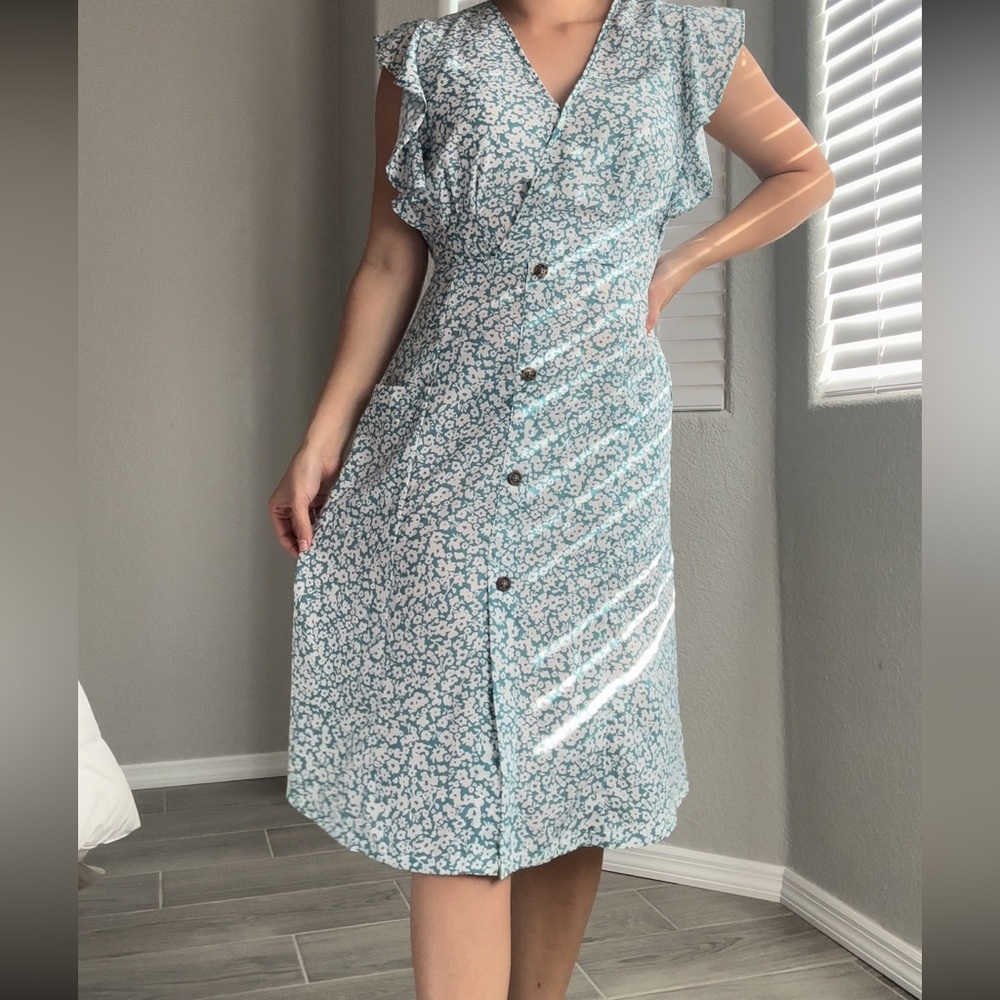 Blue and White Floral Dress with Ruffled Sleeves